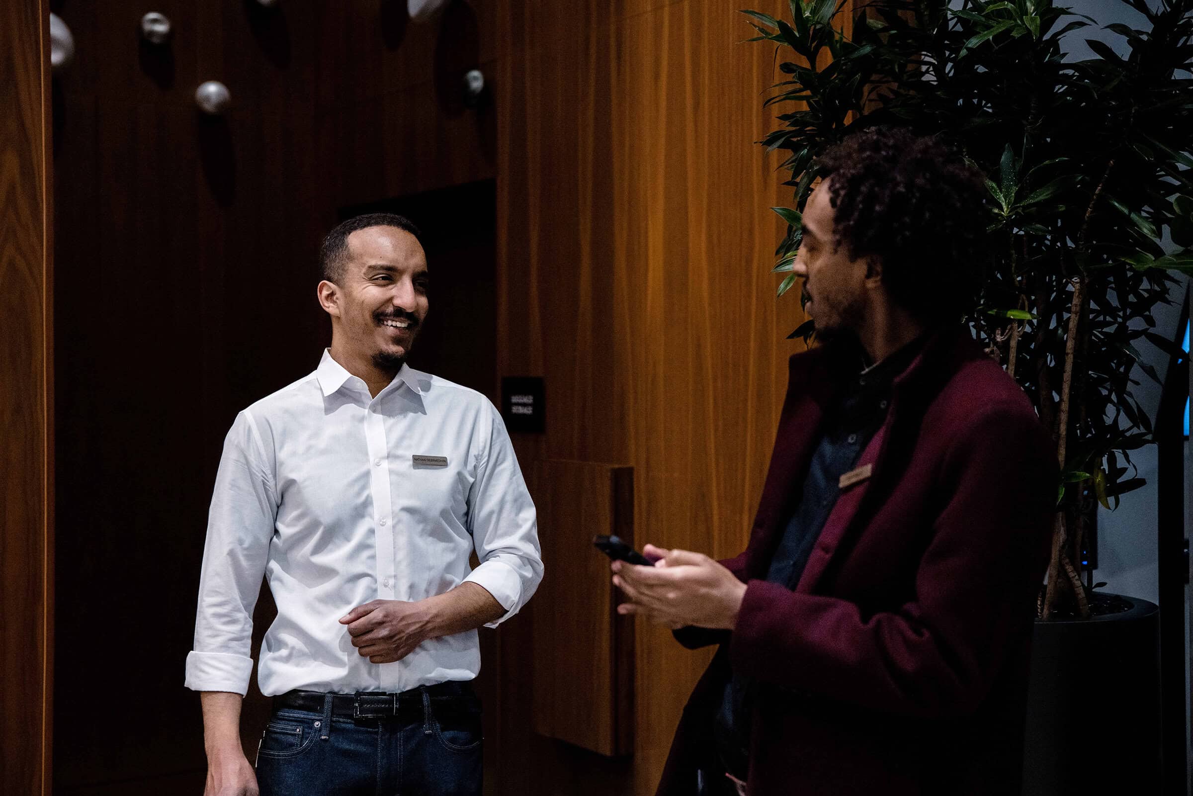 marriott hiring process - photo of two associates talking at marriott hq hotel