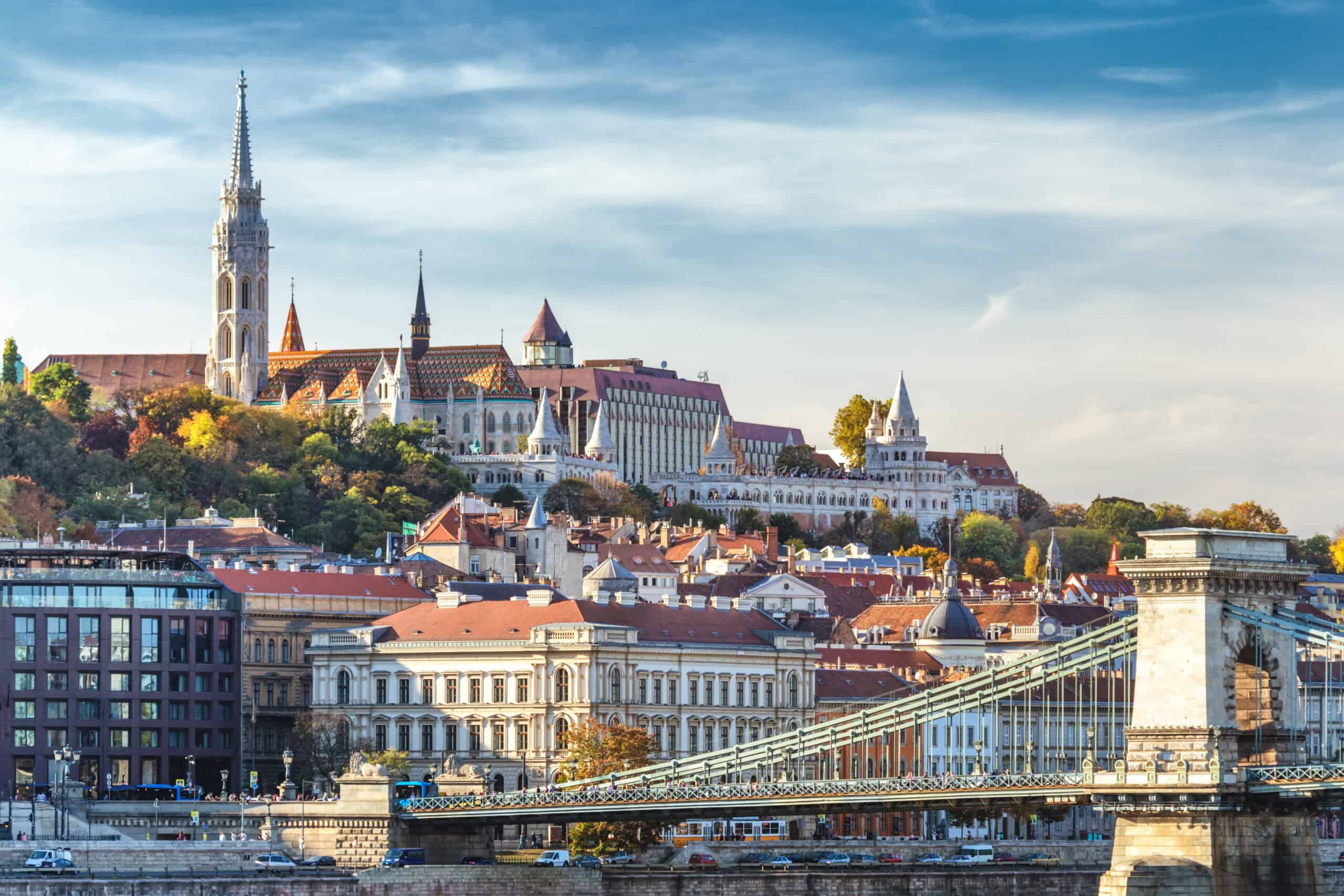 Buda side landmarks of Budapest autumn daytime view: Széchenyi Chain Bridge, Fisherman’s Bastion, Matthias Church.